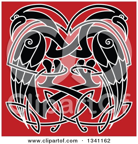 Clipart of Black and White Celtic Knot Cranes or Herons on Red - Royalty Free Vector Illustration by Vector Tradition SM