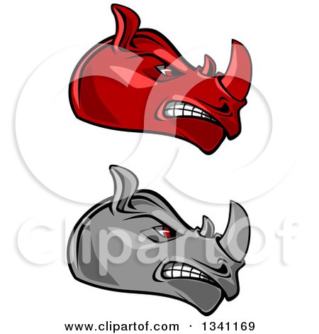 Clipart of Cartoon Angry Red and Gray Rhinoceros Heads in Profile 3 - Royalty Free Vector Illustration by Vector Tradition SM