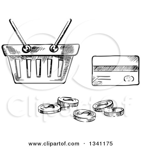Clipart of a Black and White Sketched Shopping Basket, Credit Card and Coins - Royalty Free Vector Illustration by Vector Tradition SM