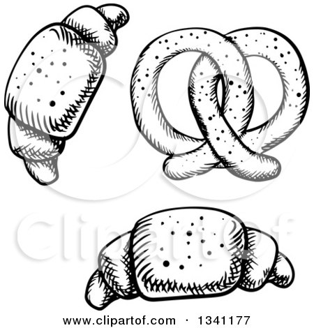 Clipart of a Black and White Sketched Soft Pretzel and Croissants - Royalty Free Vector Illustration by Vector Tradition SM