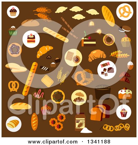 Clipart of Flat Design Baked Goods on Brown - Royalty Free Vector Illustration by Vector Tradition SM