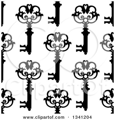 Clipart of a Seamless Background Pattern of Ornate Black Vintage Skeleton Keys on White 7 - Royalty Free Vector Illustration by Vector Tradition SM