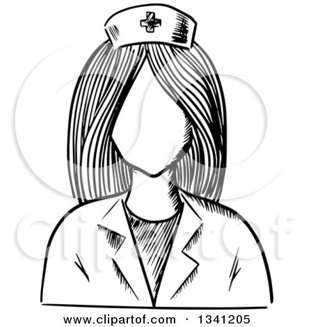 Clipart of a Black and White Sketched Faceless Female Nurse - Royalty Free Vector Illustration by Vector Tradition SM