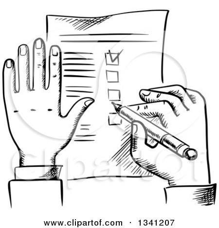 Clipart of a Black and White Sketched Businessman's Hands and Check List - Royalty Free Vector Illustration by Vector Tradition SM