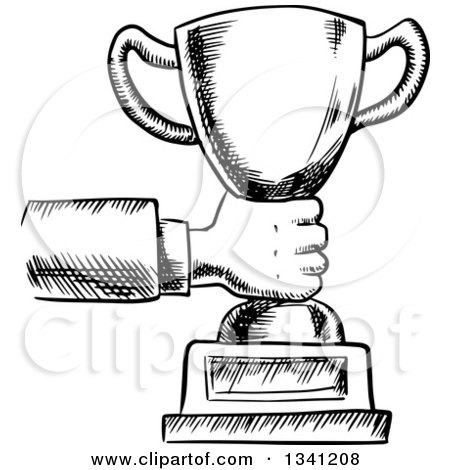 Clipart of a Black and White Sketched Hand Holding out a Trophy - Royalty Free Vector Illustration by Vector Tradition SM