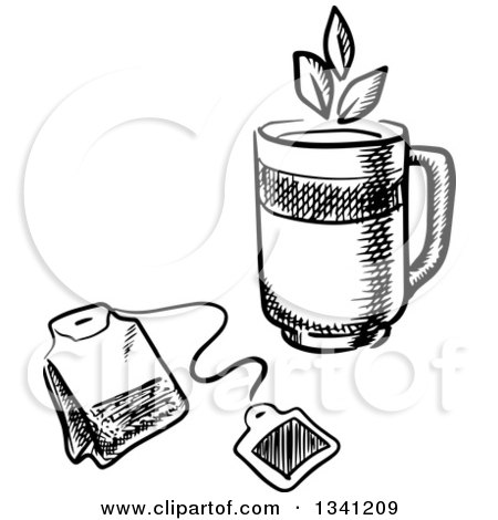Clipart of a Black and White Sketched Mug and Tea Bag - Royalty Free Vector Illustration by Vector Tradition SM