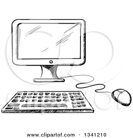 Clipart of a Black and White Sketched Desktop Computer - Royalty Free Vector Illustration by Vector Tradition SM