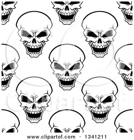Clipart of a Seamless Background Pattern of Black and White Evil Human Skulls 2 - Royalty Free Vector Illustration by Vector Tradition SM