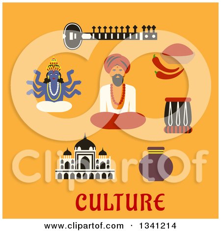 Clipart of a Flat Desig Sitar, Fresh Chili Pepper and Powder, Tabla Drum, Vase, Ancient Temple, God Vishnu, Bearded Man in Red Turban and Culture Text over Yellow - Royalty Free Vector Illustration by Vector Tradition SM