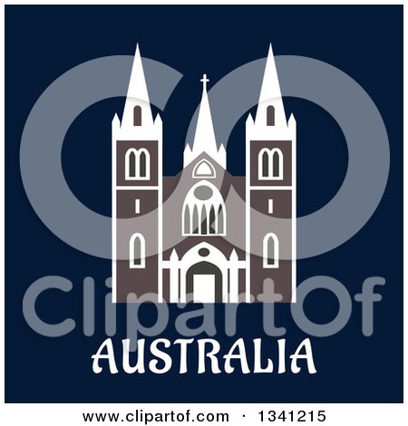 Clipart of a Flat Design Australian Landmark Anglican Cathedral Church over Text on Navy Blue - Royalty Free Vector Illustration by Vector Tradition SM
