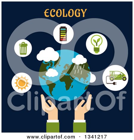 Clipart of Flat Design Hands Holding Earth with White Icons of Sun, Garbage Recycling, Battery Indicator, Green Energy and Electric Car Under Ecology Text on Navy Blue - Royalty Free Vector Illustration by Vector Tradition SM