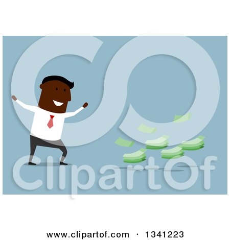 Clipart of a Flat Modern Black Businessman Cheering by Cash Money, over Blue - Royalty Free Vector Illustration by Vector Tradition SM