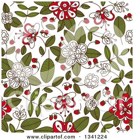 Clipart of a Seamless Background Pattern of Doodled Strawberry Blossoms, Plants and Berries 2 - Royalty Free Vector Illustration by Vector Tradition SM