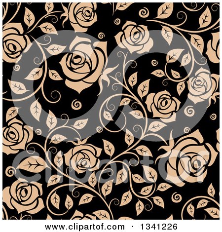 Clipart of a Seamless Pattern of Tan Roses on Black 5 - Royalty Free Vector Illustration by Vector Tradition SM