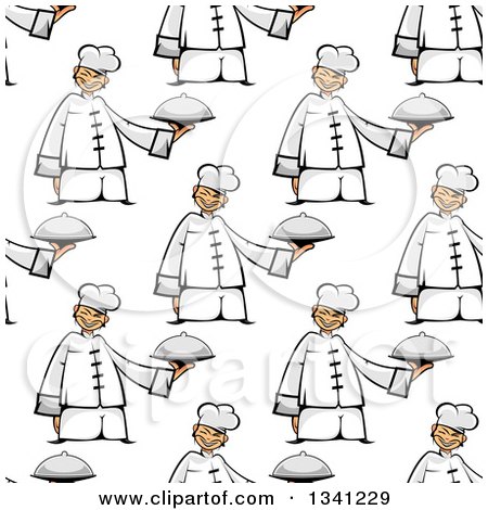 Clipart of a Seamless Background Pattern of an Asian Chef Holding a Cloche - Royalty Free Vector Illustration by Vector Tradition SM