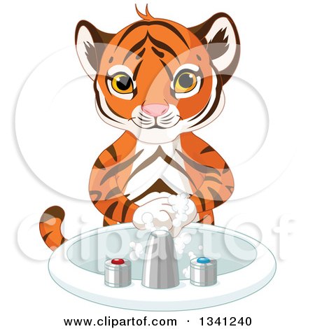 Clipart of a Cute Tiger Cub Washing His Hands - Royalty Free Vector Illustration by Pushkin