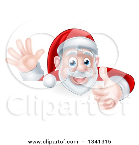 Clipart of a Cartoon Christmas Santa Claus Waving and Giving a Thumb up over a Sign - Royalty Free Vector Illustration by AtStockIllustration