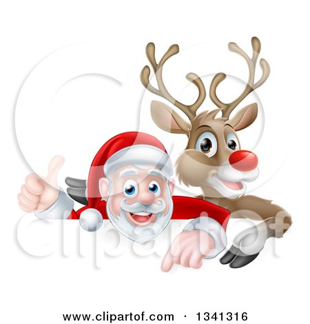 Clipart of a Cartoon Christmas Red Nosed Reindeer and Santa Giving a Thumb up Above a Sign 2 - Royalty Free Vector Illustration by AtStockIllustration