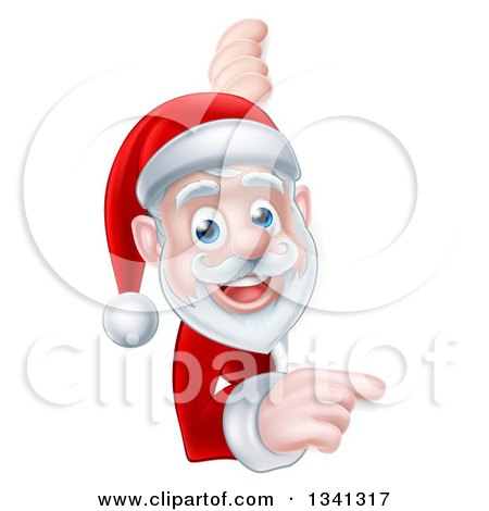Clipart of a Cartoon Christmas Santa Claus Pointing Around a Sign - Royalty Free Vector Illustration by AtStockIllustration
