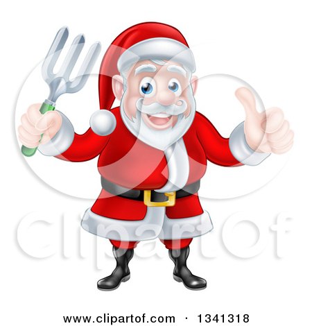 Clipart of a Cartoon Christmas Santa Holding a Garden Fork and Giving a Thumb up - Royalty Free Vector Illustration by AtStockIllustration