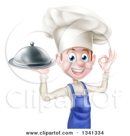 Clipart of a Happy Young White Male Chef Gesturing Ok and Holding a Cloche Platter - Royalty Free Vector Illustration by AtStockIllustration