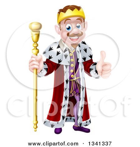Clipart of a Happy Brunette White King Giving a Thumb up and Holding a Staff - Royalty Free Vector Illustration by AtStockIllustration
