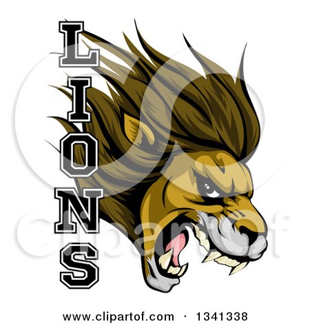 Clipart of a Aggressive Male Lion Roaring Mascot Head and Text - Royalty Free Vector Illustration by AtStockIllustration