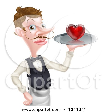 Clipart of a Cartoon Caucasian Male Waiter with a Curling Mustache, Holding a Red Love Heart on a Tray - Royalty Free Vector Illustration by AtStockIllustration