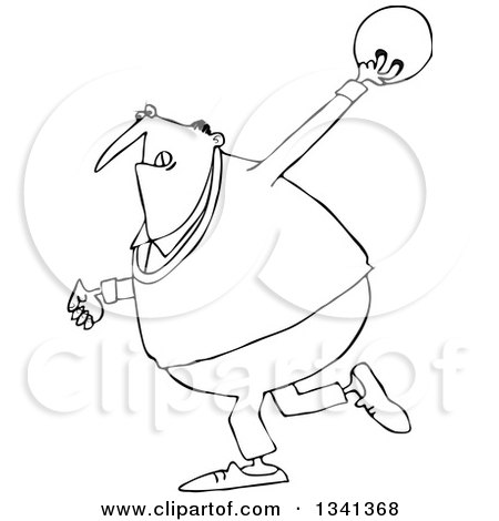 Lineart Clipart of a Cartoon Black and White Chubby Man Swinging Back a Bowling Ball - Royalty Free Outline Vector Illustration by djart