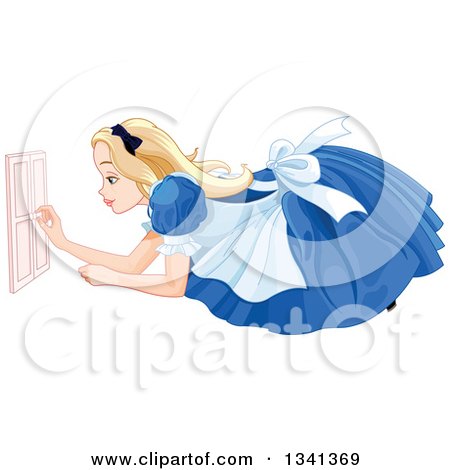 Clipart of a Giant Alice in Wonderland, Opening a Tiny Door - Royalty Free Vector Illustration by Pushkin
