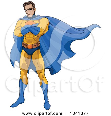 Clipart of a Cartoon Muscular Young White Male Super Hero with Folded Arms, Wearing a Yellow and Blue Suit - Royalty Free Vector Illustration by Pushkin