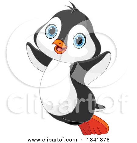 Clipart of a Cute Happy Blue Eyed Penguin Jumping - Royalty Free Vector Illustration by Pushkin