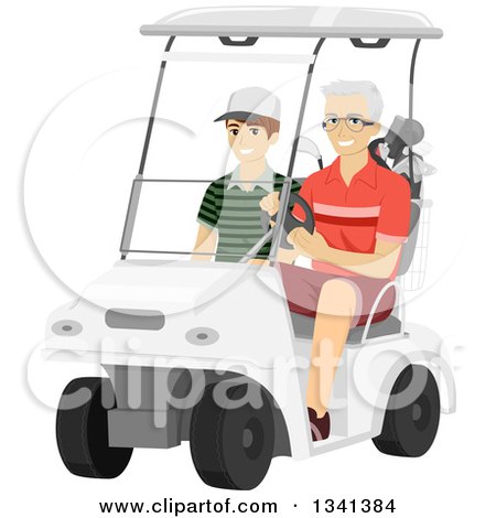 Clipart of a Happy Senior White Man Dirving His Grandson in a Golf Cart - Royalty Free Vector Illustration by BNP Design Studio