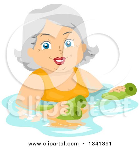 Clipart of a Happy Senior White Woman Swimming with Pool Noodles - Royalty Free Vector Illustration by BNP Design Studio