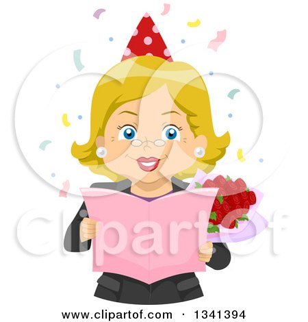 Clipart of a Happy Blond White Senior Woman Holding Roses and Reading a Retirement Card at a Party - Royalty Free Vector Illustration by BNP Design Studio