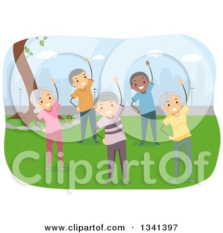 Clipart of a Group of Happy White and Black Senior Citizens Exercising in a City Park - Royalty Free Vector Illustration by BNP Design Studio
