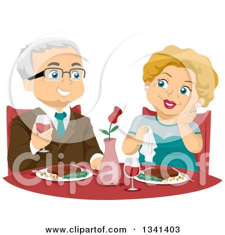 Clipart of a Happy Senior Caucasian Couple Dining at a Fine Restaurant - Royalty Free Vector Illustration by BNP Design Studio