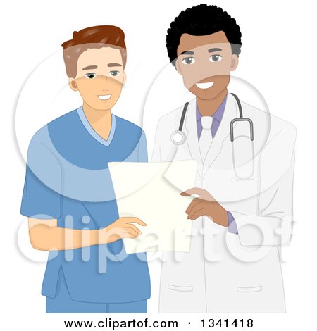 Clipart of a Cartoon Happy Black Male Doctor Discussing Patient History with a Male Nurse - Royalty Free Vector Illustration by BNP Design Studio