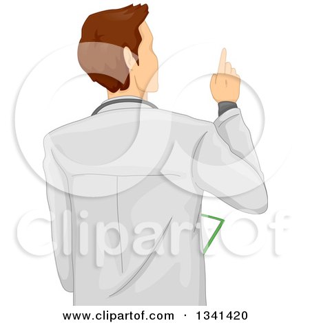 Clipart of a Rear View of a Brunette White Male Doctor Pointing - Royalty Free Vector Illustration by BNP Design Studio