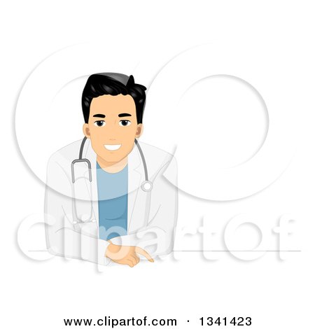 Clipart of a Handsome Asian Male Doctor Leaning over a Table - Royalty Free Vector Illustration by BNP Design Studio