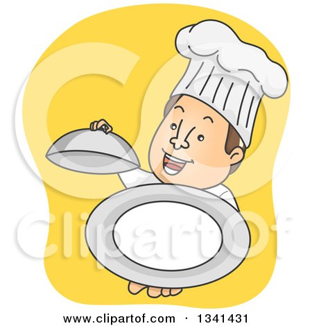 Clipart of a Cartoon Happy White Male Chef Holding up an Empty Cloche Platter - Royalty Free Vector Illustration by BNP Design Studio