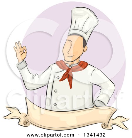 Clipart of a Sketched White Male Chef Gesturing Perfect Okay over a Blank Ribbon Banner and Purple Oval - Royalty Free Vector Illustration by BNP Design Studio