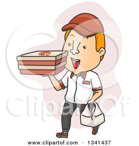 Clipart of a Cartoon White Male Pizza Delivery Man Carrying Boxes and a Bag - Royalty Free Vector Illustration by BNP Design Studio