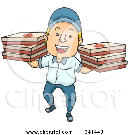Clipart of a Cartoon White Male Pizza Delivery Man Carrying Boxes on Both Hands - Royalty Free Vector Illustration by BNP Design Studio