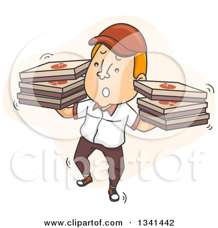 Clipart of a Cartoon Unsteady White Male Pizza Delivery Man Carrying Boxes on Both Hands - Royalty Free Vector Illustration by BNP Design Studio