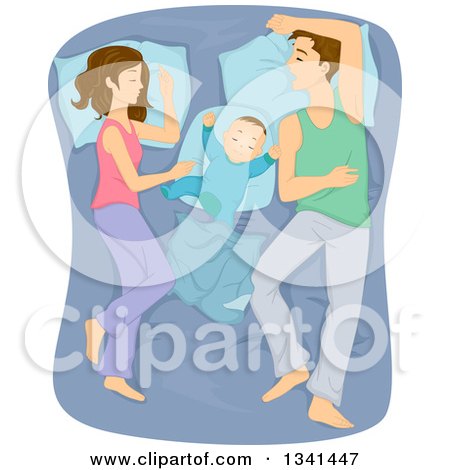 Clipart of Caucasian Parents Sleeping by Their Toddler in a Bed - Royalty Free Vector Illustration by BNP Design Studio
