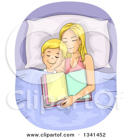 Clipart of a Blond Caucasian Mother and Son Asleep After Reading a Bedtime Story - Royalty Free Vector Illustration by BNP Design Studio