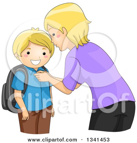 Clipart of a Blond Caucasian Mother Butting up Her Son's Shirt While Getting Him Ready for School - Royalty Free Vector Illustration by BNP Design Studio