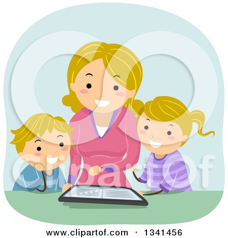 Clipart of a Cartoon Blond Caucasian Mother Reading an Ebook to Her Children from a Tablet Computer - Royalty Free Vector Illustration by BNP Design Studio