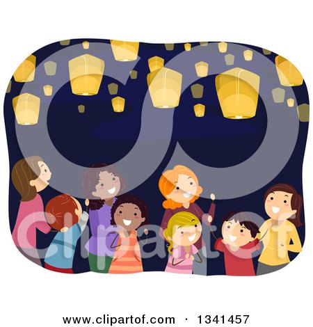 Clipart of a Group of Mothers and Children Looking Up, Watching Floating Lanterns - Royalty Free Vector Illustration by BNP Design Studio